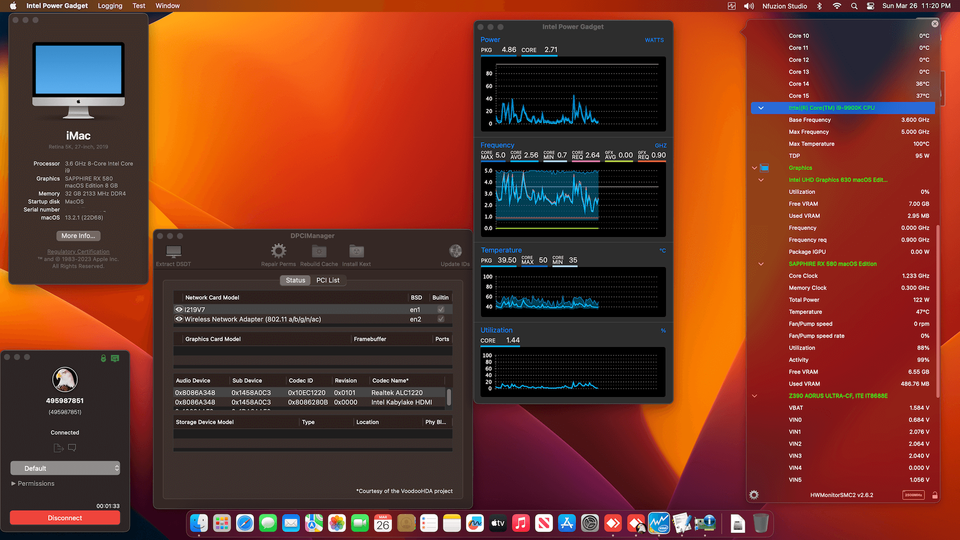 Success Hackintosh macOS Ventura 13.2.1 Build 22D68 in Gigabyte Z390 Aorus Ultra + Intel Core i9 9900K + Sapphire RX 580